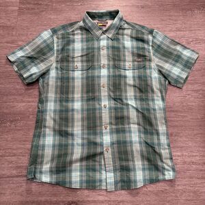 Eddie Bauer Shirt Mens Medium Green Plaid Travex Button Up Hiking Trail Climbing